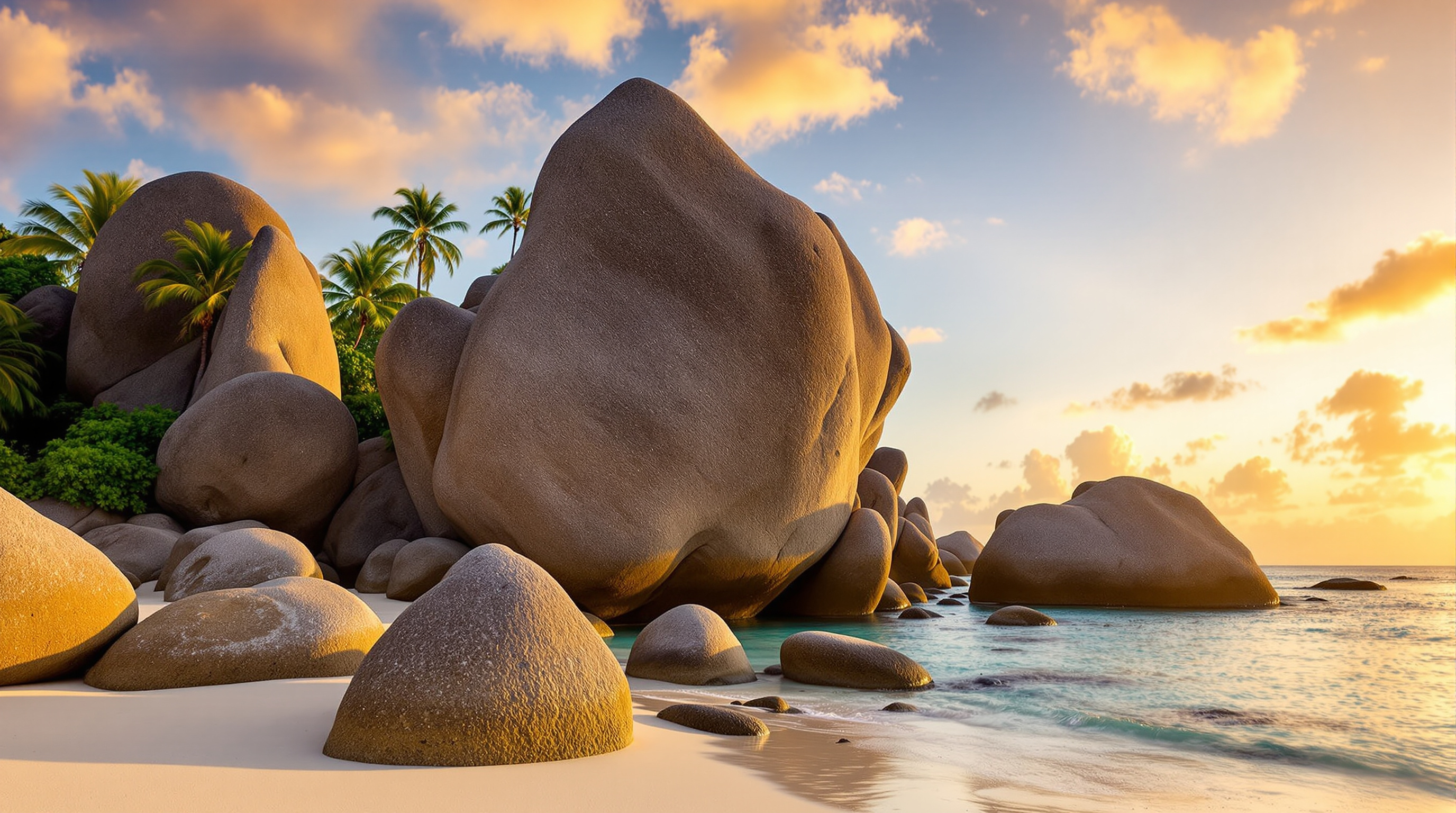 Seychelles granite boulder beach at sunset